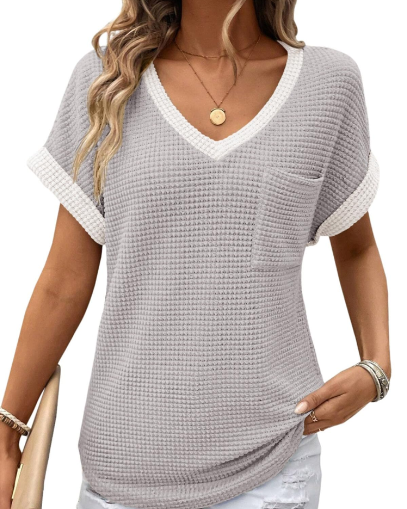 Solene Top Donna – Waffle pletený svetr, výstřih do V a volné tričko na běžné nošení