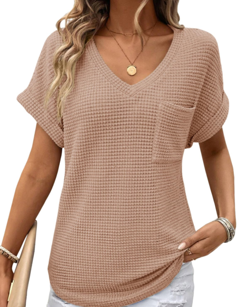 Solene Top Donna – Waffle pletený svetr, výstřih do V a volné tričko na běžné nošení