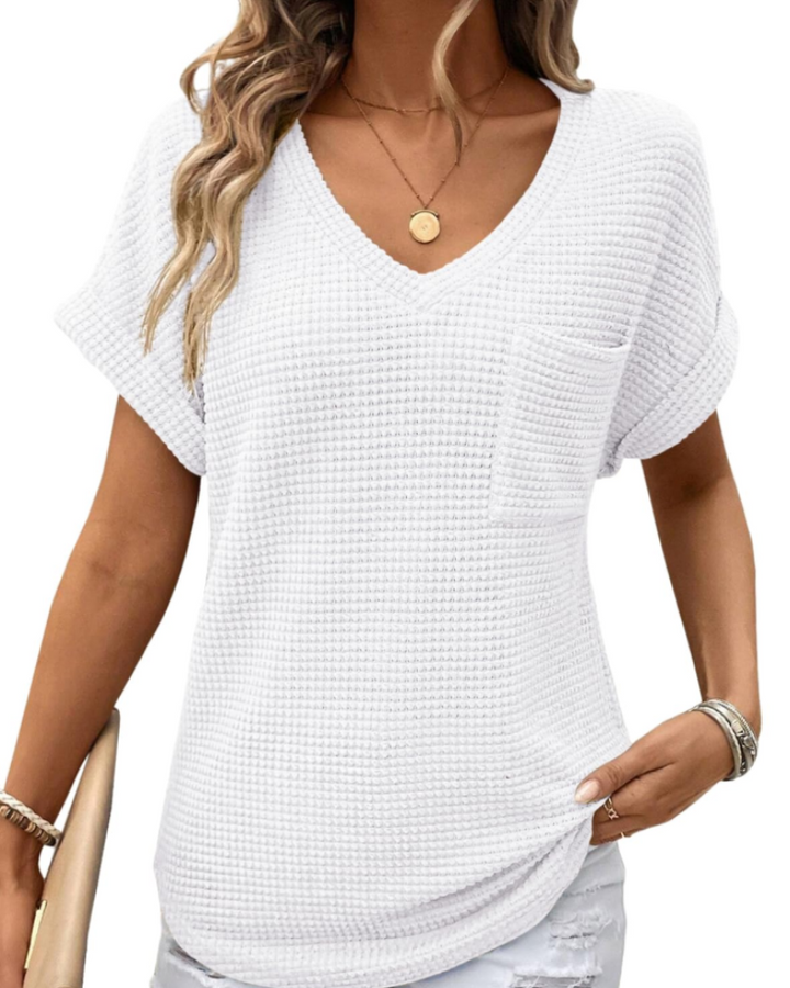 Solene Top Donna – Waffle pletený svetr, výstřih do V a volné tričko na běžné nošení