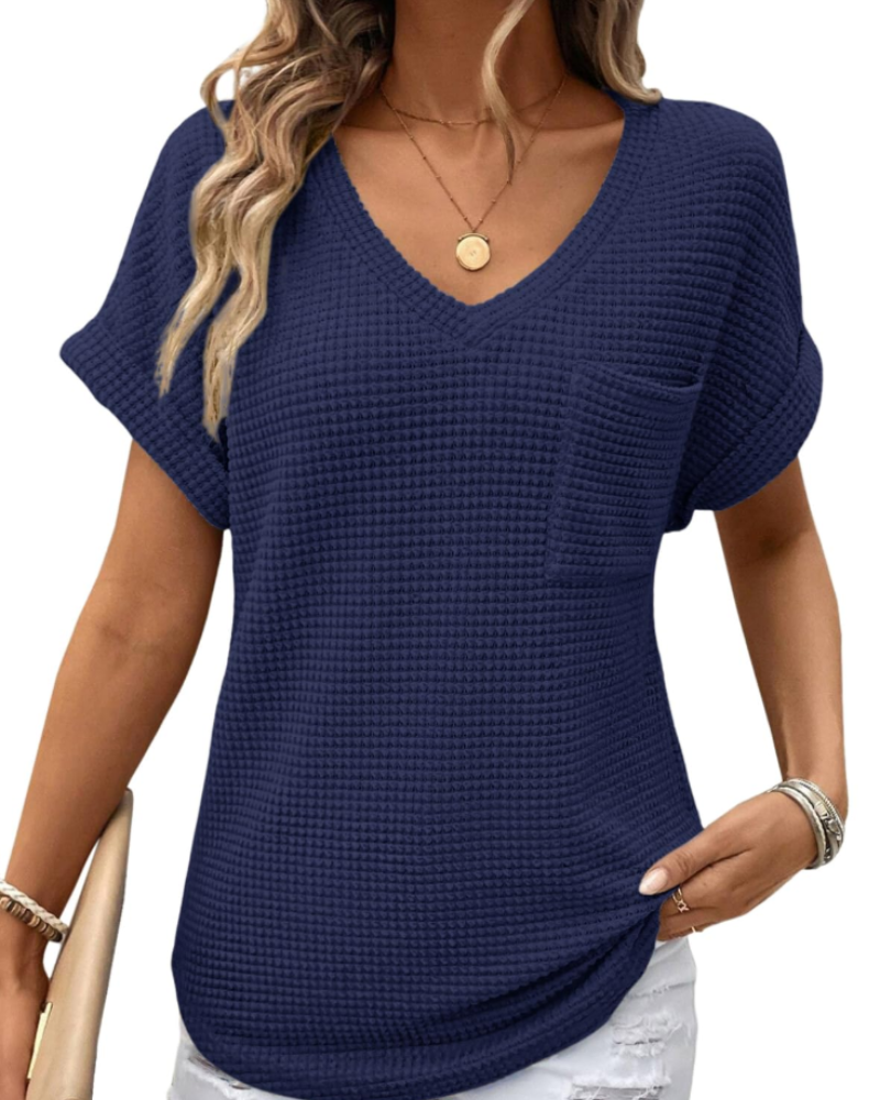 Solene Top Donna – Waffle pletený svetr, výstřih do V a volné tričko na běžné nošení