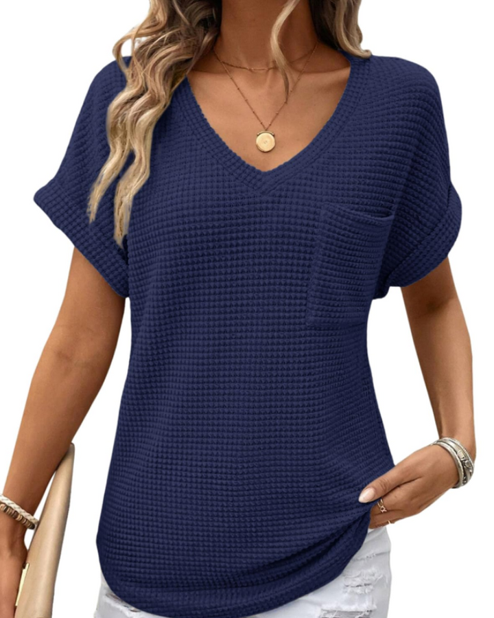 Solene Top Donna – Waffle pletený svetr, výstřih do V a volné tričko na běžné nošení
