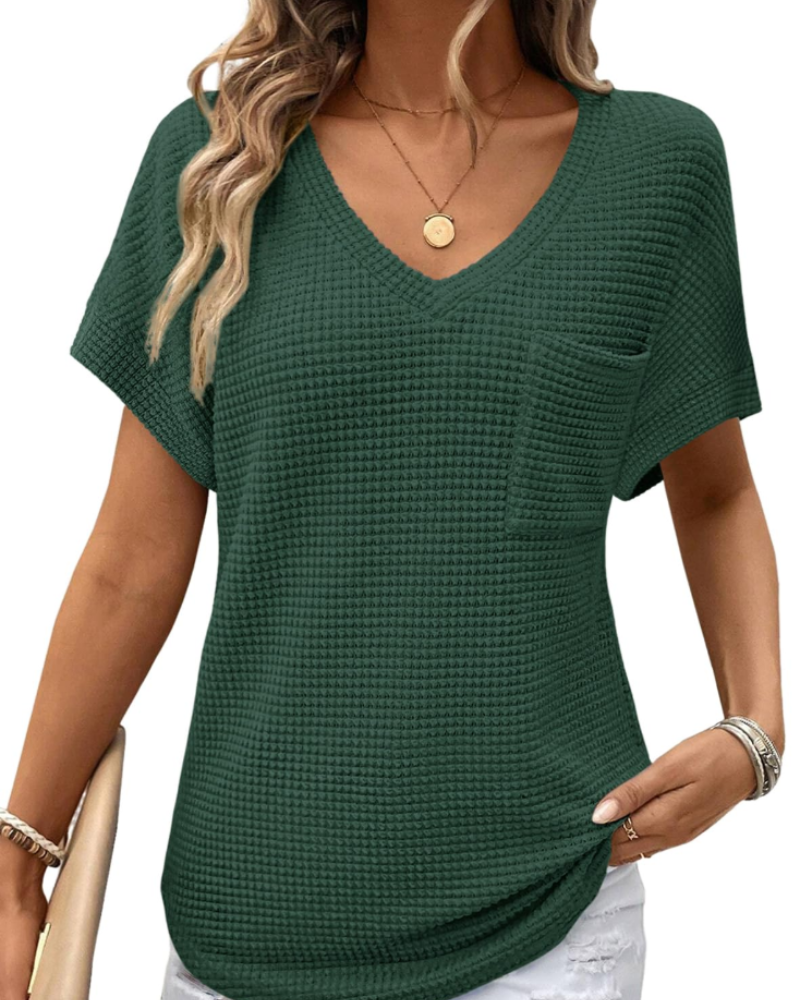Solene Top Donna – Waffle pletený svetr, výstřih do V a volné tričko na běžné nošení
