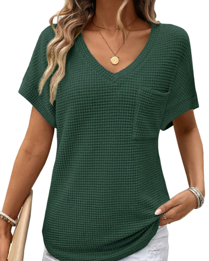 Solene Top Donna – Waffle pletený svetr, výstřih do V a volné tričko na běžné nošení