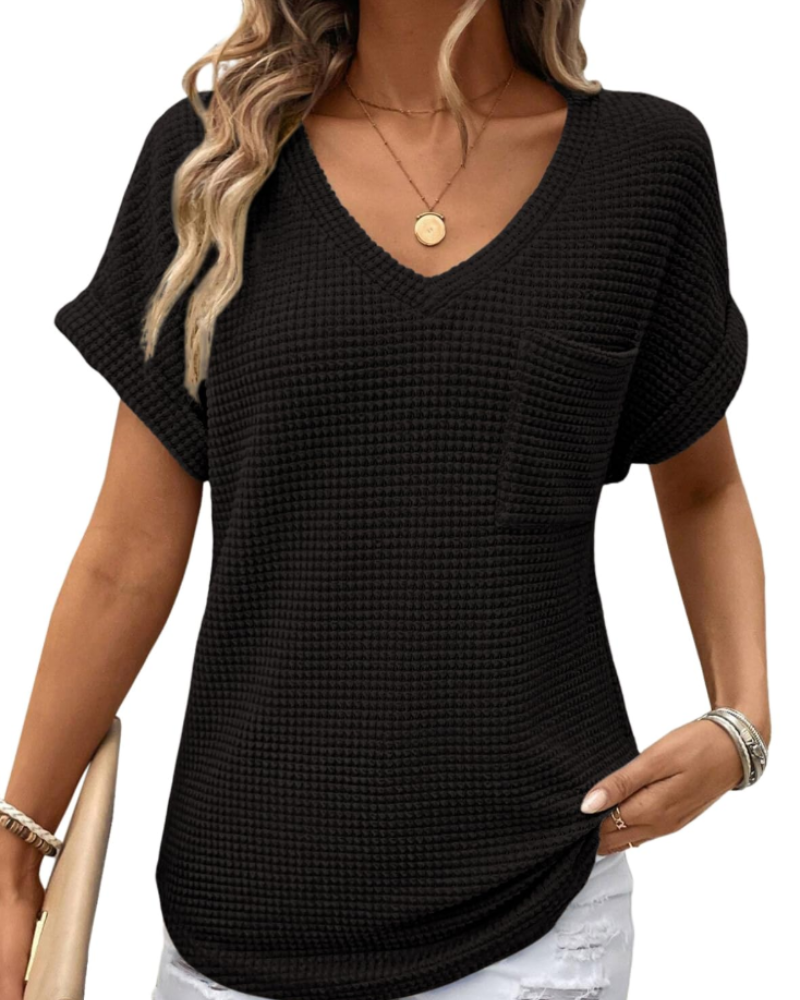 Solene Top Donna – Waffle pletený svetr, výstřih do V a volné tričko na běžné nošení