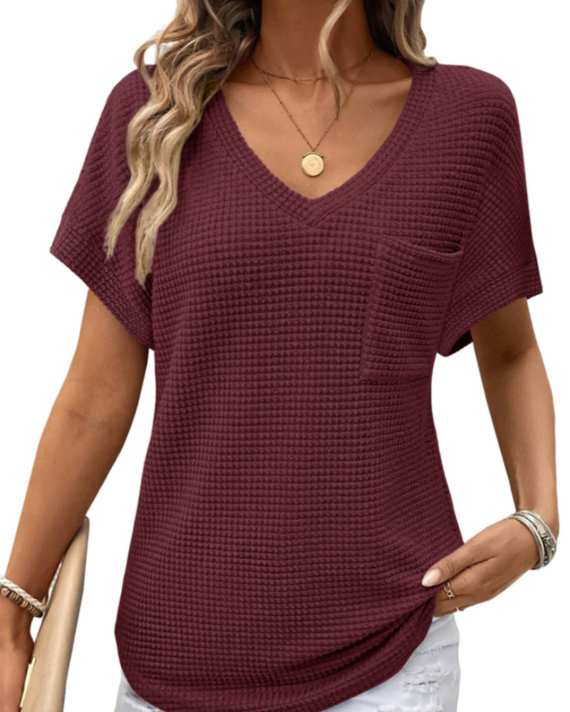 Solene Top Donna – Waffle pletený svetr, výstřih do V a volné tričko na běžné nošení