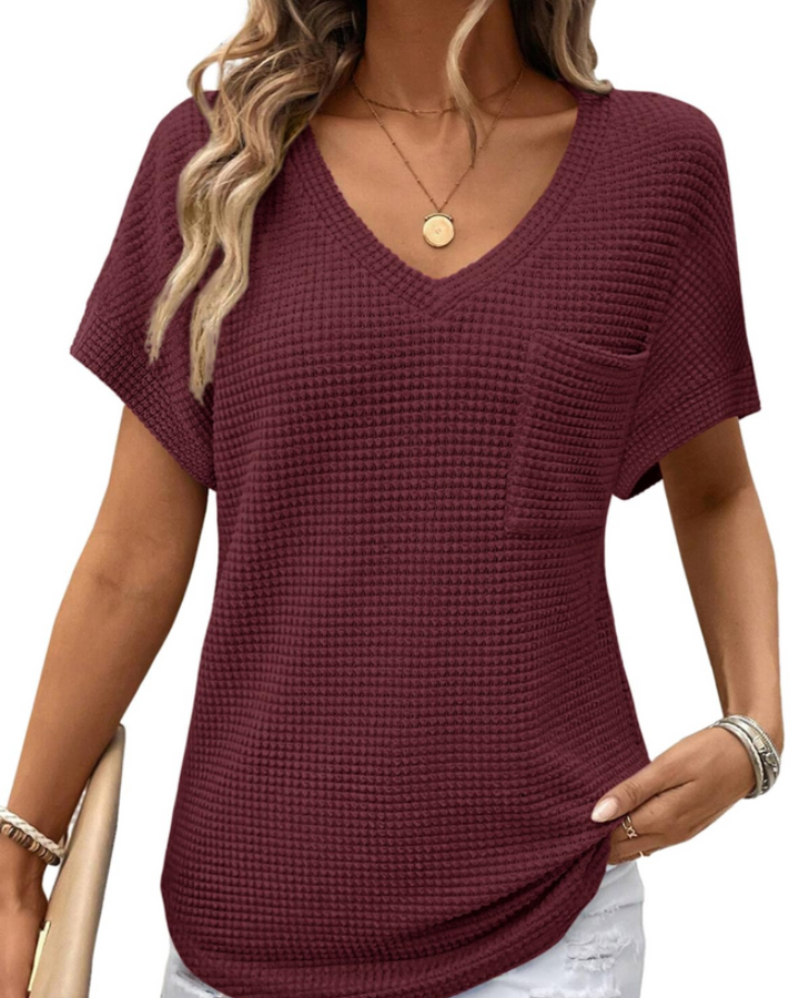 Solene Top Donna – Waffle pletený svetr, výstřih do V a volné tričko na běžné nošení