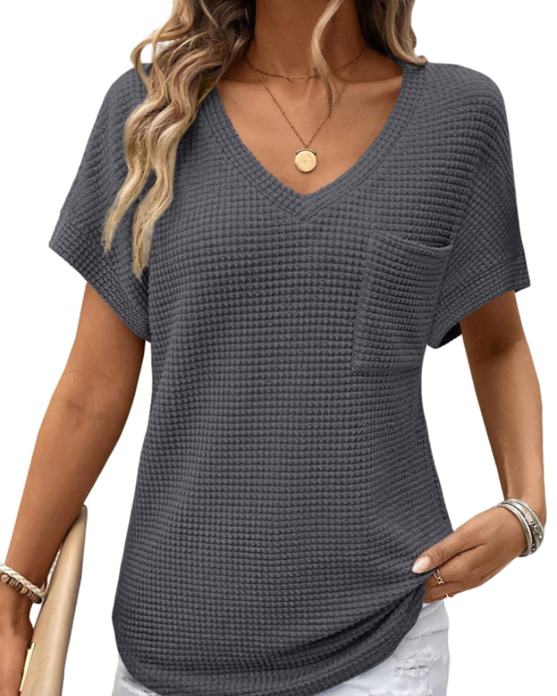 Solene Top Donna – Waffle pletený svetr, výstřih do V a volné tričko na běžné nošení