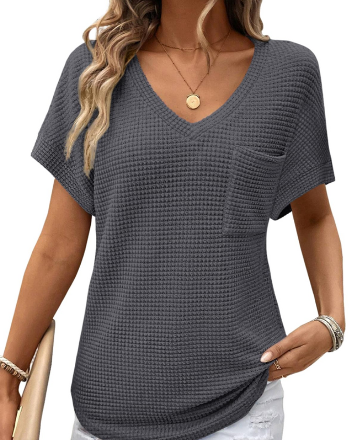 Solene Top Donna – Waffle pletený svetr, výstřih do V a volné tričko na běžné nošení