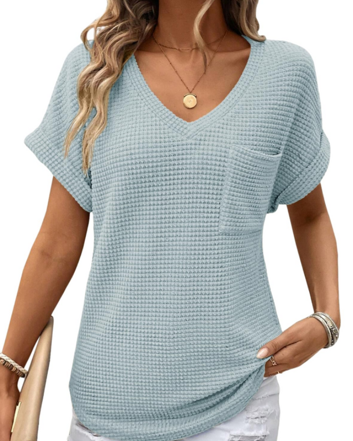Solene Top Donna – Waffle pletený svetr, výstřih do V a volné tričko na běžné nošení