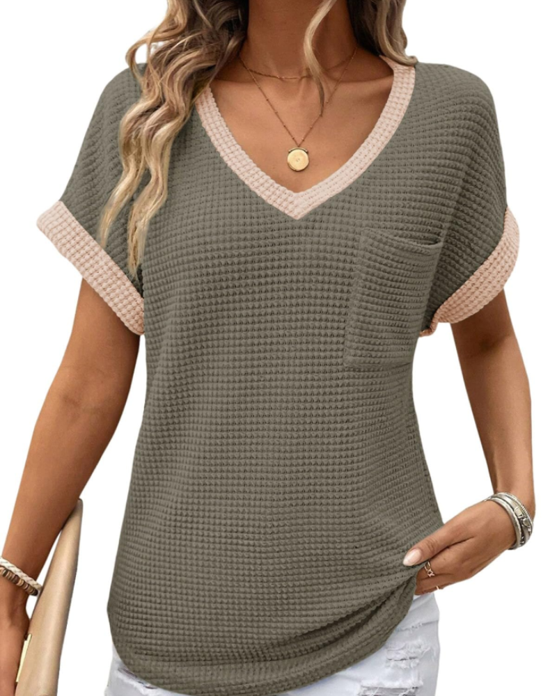 Solene Top Donna – Waffle pletený svetr, výstřih do V a volné tričko na běžné nošení