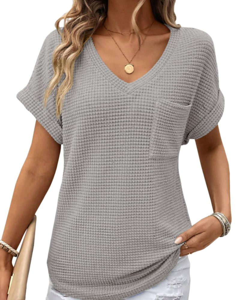 Solene Top Donna – Waffle pletený svetr, výstřih do V a volné tričko na běžné nošení