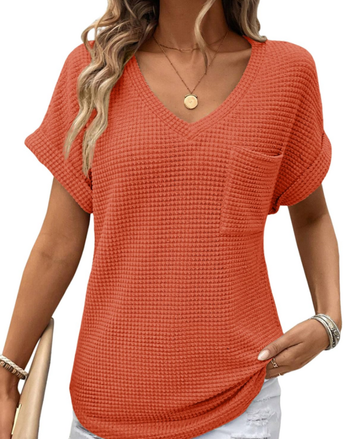 Solene Top Donna – Waffle pletený svetr, výstřih do V a volné tričko na běžné nošení