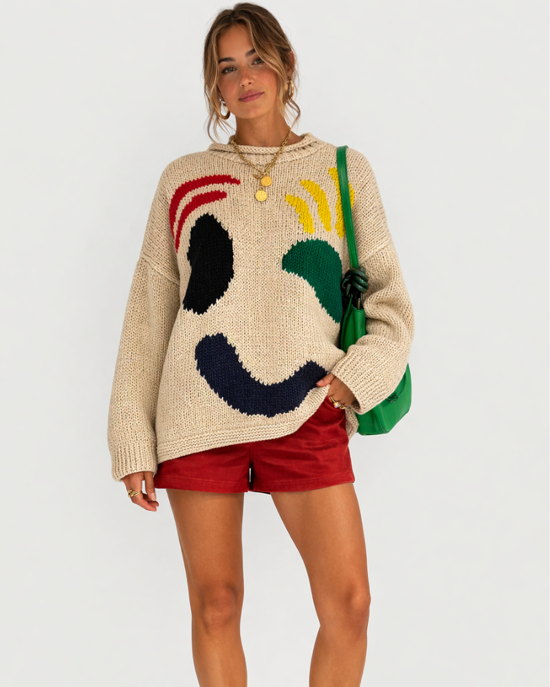 Pulover larg Giorgia Maglione Smiley pentru femei – Pulover moale casual, la modă, de iarnă