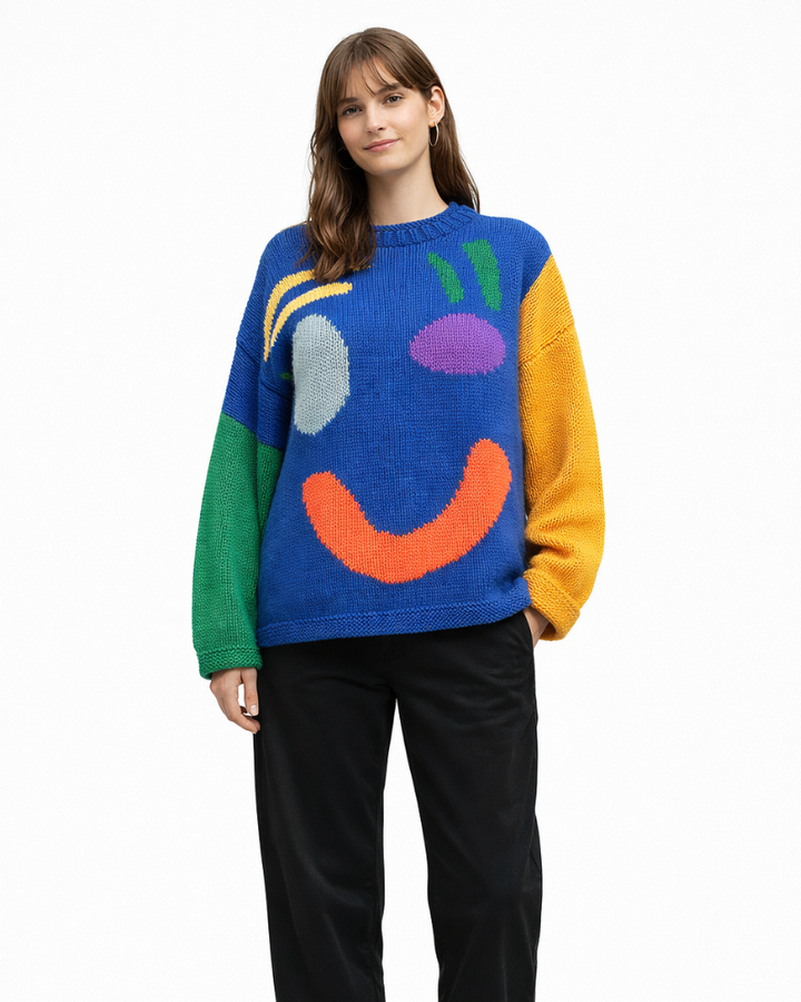 Pulover larg Giorgia Maglione Smiley pentru femei – Pulover moale casual, la modă, de iarnă