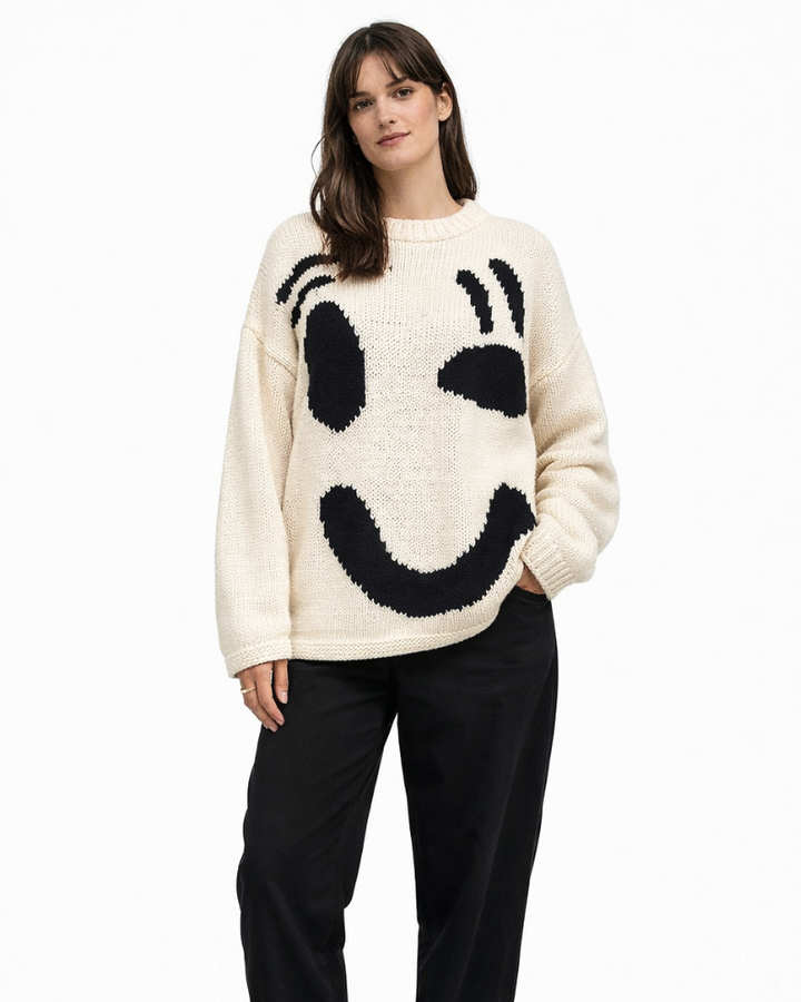 Pulover larg Giorgia Maglione Smiley pentru femei – Pulover moale casual, la modă, de iarnă