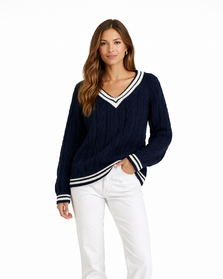 Pulover Saphian Damă Oversize – Pulover cu Guler în V și Dungi, Pulover cu Model Trecce Casual Chic