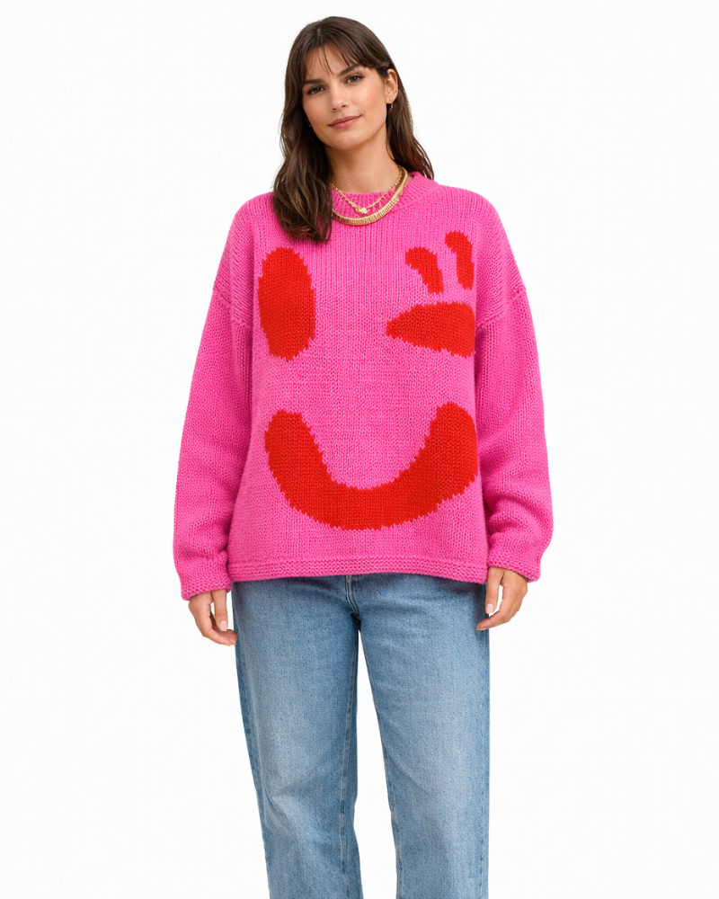 Pulover larg Giorgia Maglione Smiley pentru femei – Pulover moale casual, la modă, de iarnă