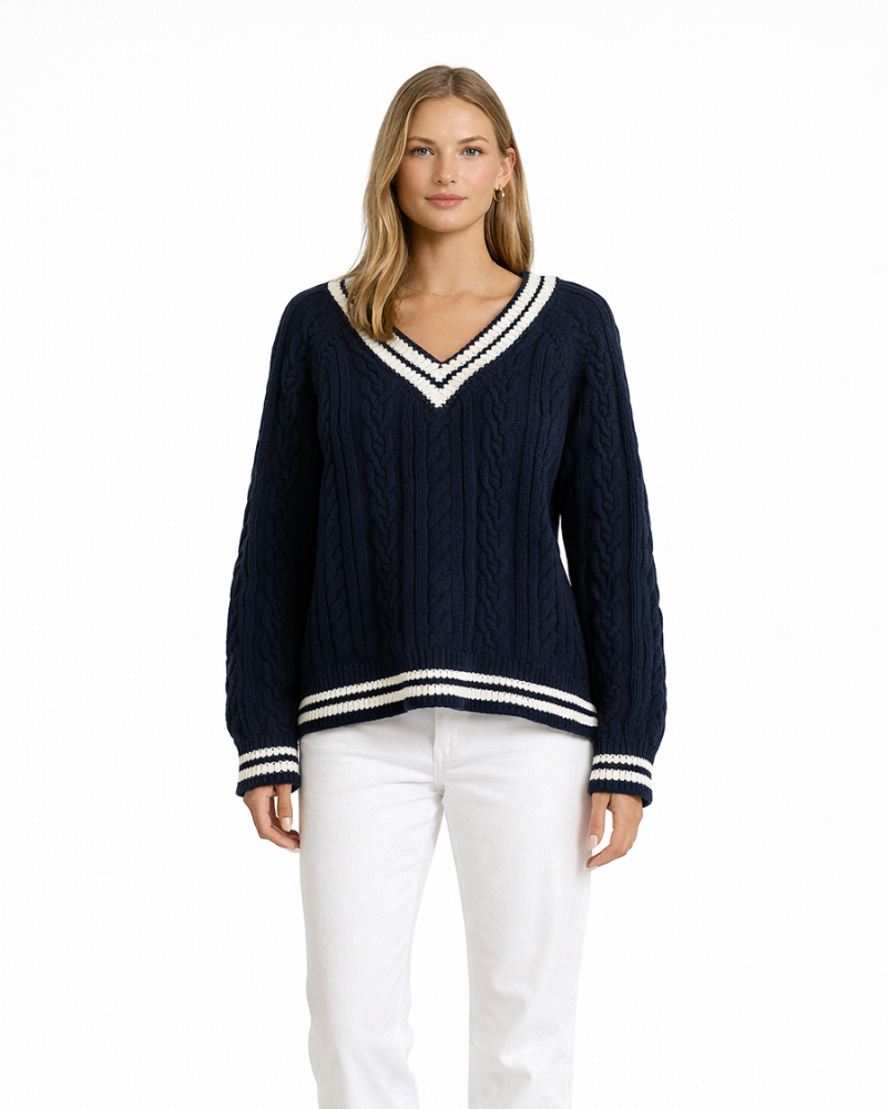 Pulover Saphian Damă Oversize – Pulover cu Guler în V și Dungi, Pulover cu Model Trecce Casual Chic