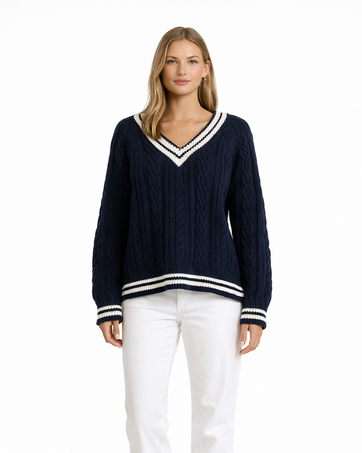 Pulover Saphian Damă Oversize – Pulover cu Guler în V și Dungi, Pulover cu Model Trecce Casual Chic