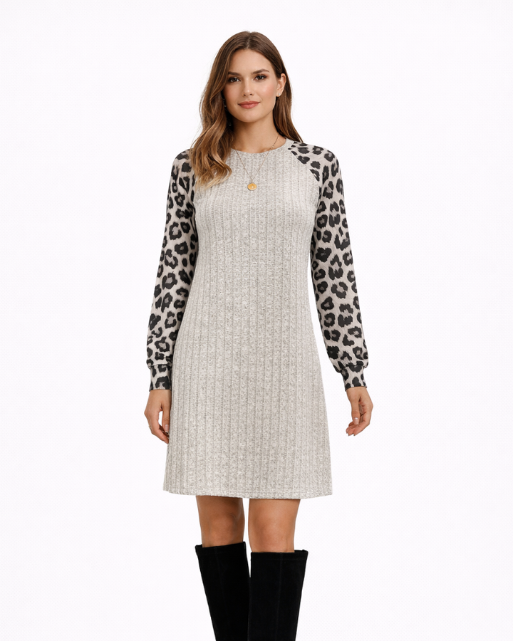 Robe Femme Sable Maille – Robe Tricot Manches Animalier Col Rond Décontractée
