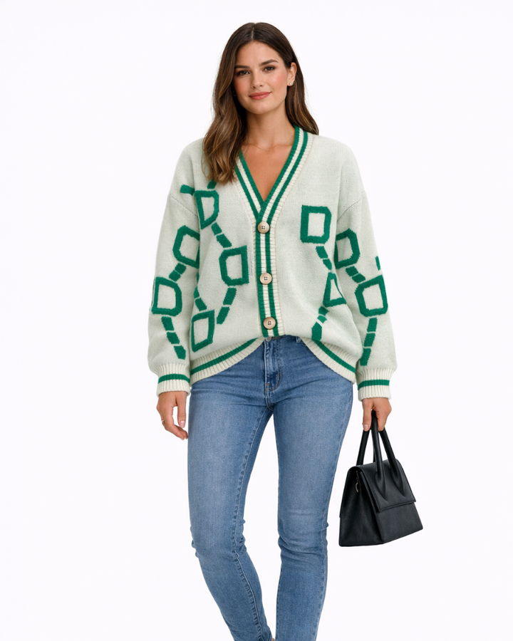 Arlette Dámský Kardigan Jacquard – Kardigan s Geometrickým Vzorem a Knoflíky v Moderním Stylu