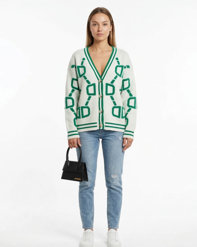 Arlette Dámský Kardigan Jacquard – Kardigan s Geometrickým Vzorem a Knoflíky v Moderním Stylu