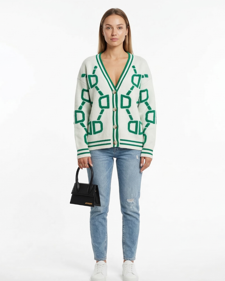 Arlette Dámský Kardigan Jacquard – Kardigan s Geometrickým Vzorem a Knoflíky v Moderním Stylu