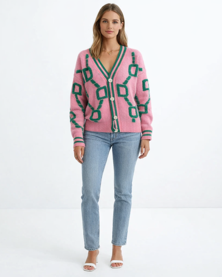 Arlette Dámský Kardigan Jacquard – Kardigan s Geometrickým Vzorem a Knoflíky v Moderním Stylu