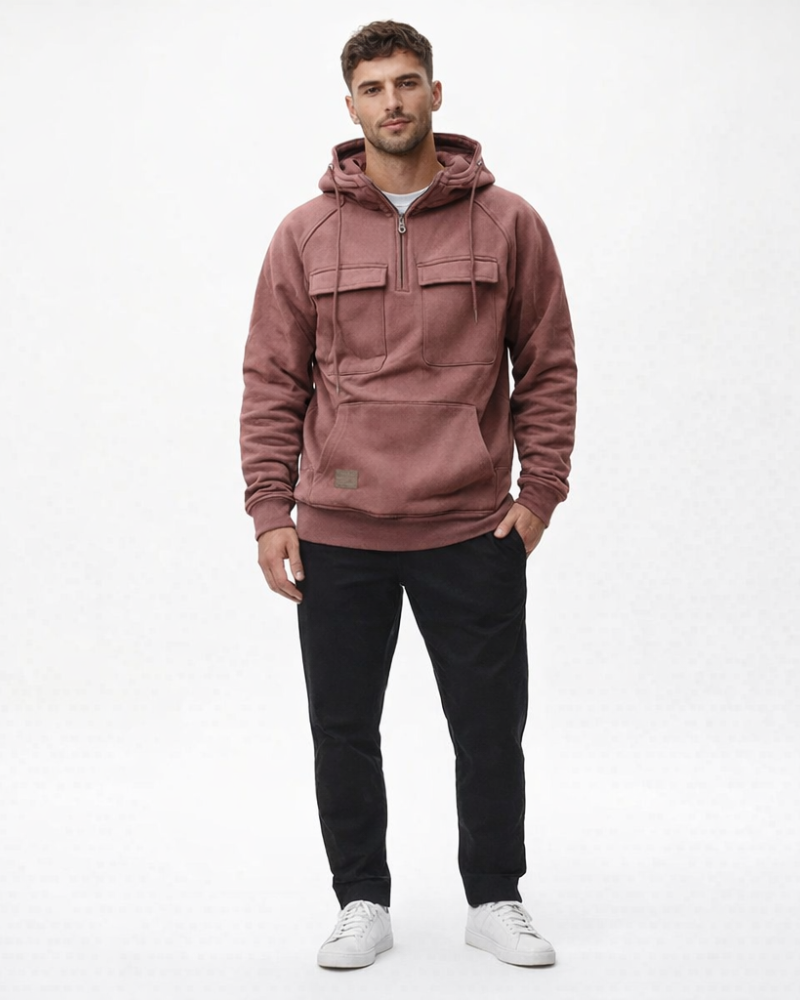 Hermi Hanorac Bărbați cu Glugă – Hanorac Fleece Gros Demi-Zip Buzunare Cargo Stil Urban