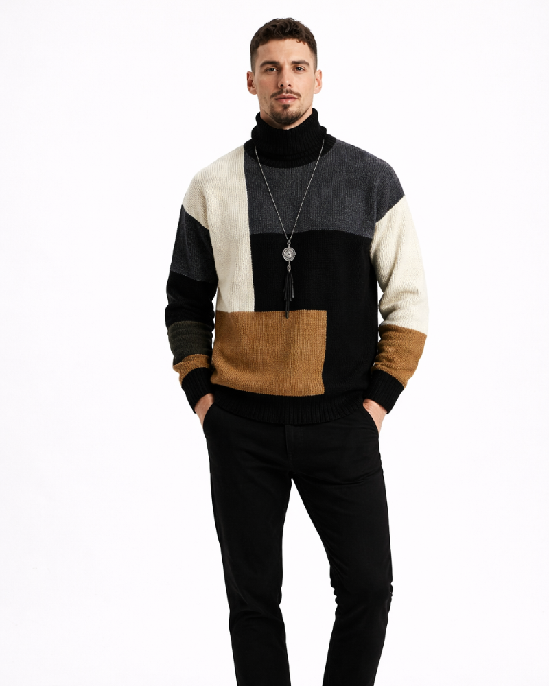 Joshue Pulover Bărbați Patchwork – Pulover Bumbac Guler Rotund Moale Stil Casual