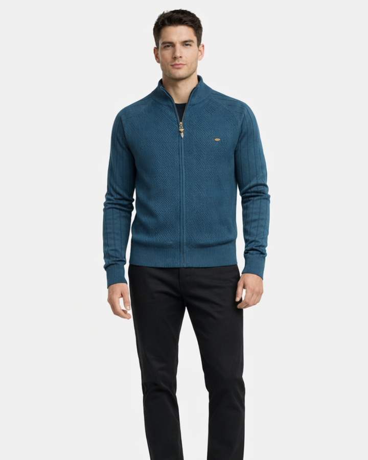 Cardigan bărbați Enrico cu fermoar – Pulover elegant din tricot texturat cu guler înalt
