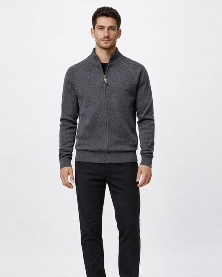 Cardigan bărbați Enrico cu fermoar – Pulover elegant din tricot texturat cu guler înalt