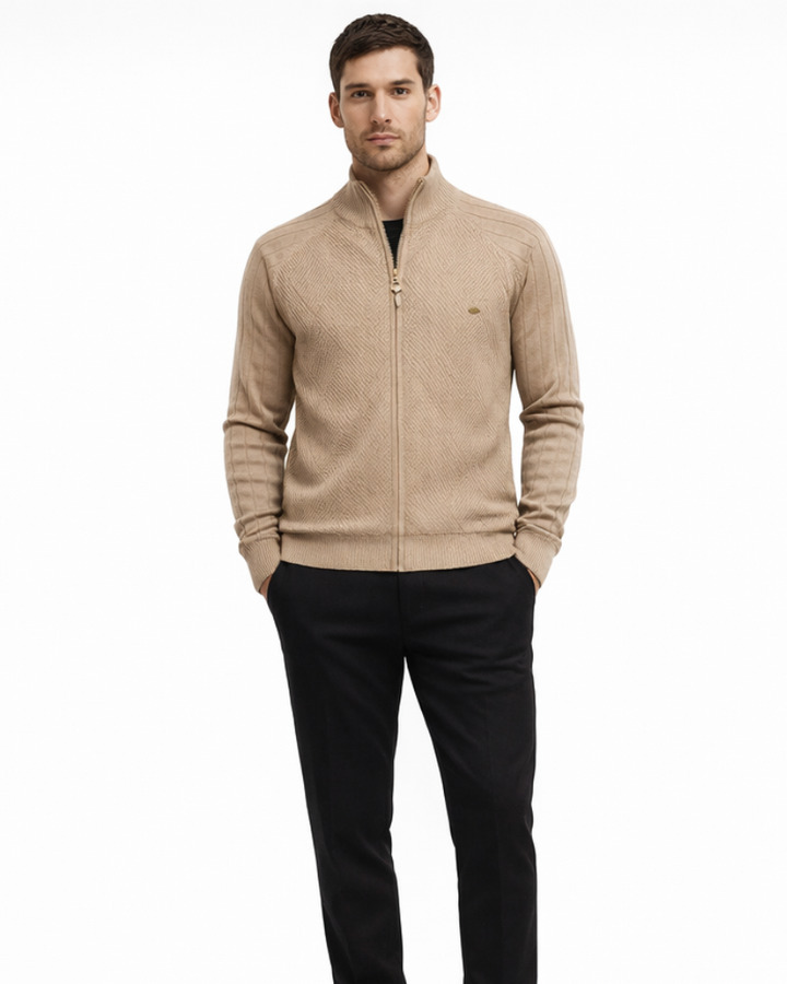 Cardigan bărbați Enrico cu fermoar – Pulover elegant din tricot texturat cu guler înalt