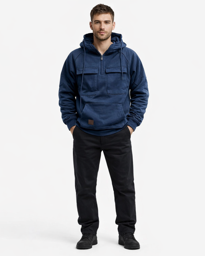 Hermi Hanorac Bărbați cu Glugă – Hanorac Fleece Gros Demi-Zip Buzunare Cargo Stil Urban