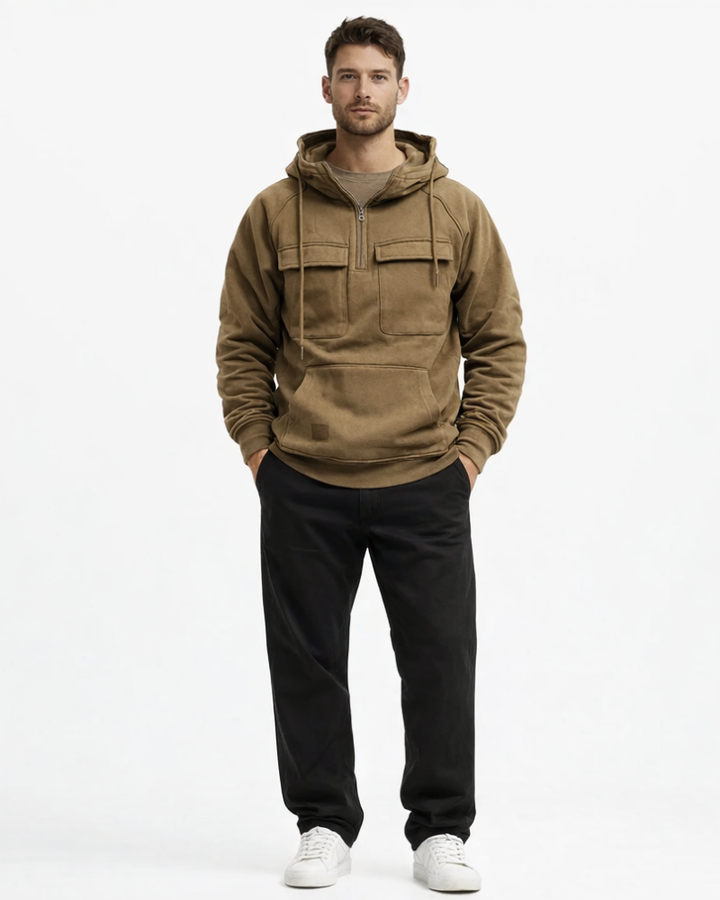 Hermi Hanorac Bărbați cu Glugă – Hanorac Fleece Gros Demi-Zip Buzunare Cargo Stil Urban