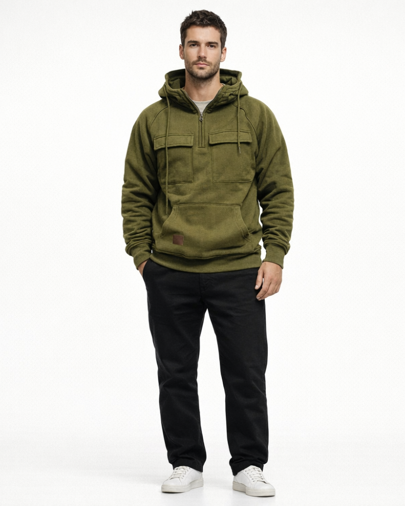Hermi Hanorac Bărbați cu Glugă – Hanorac Fleece Gros Demi-Zip Buzunare Cargo Stil Urban