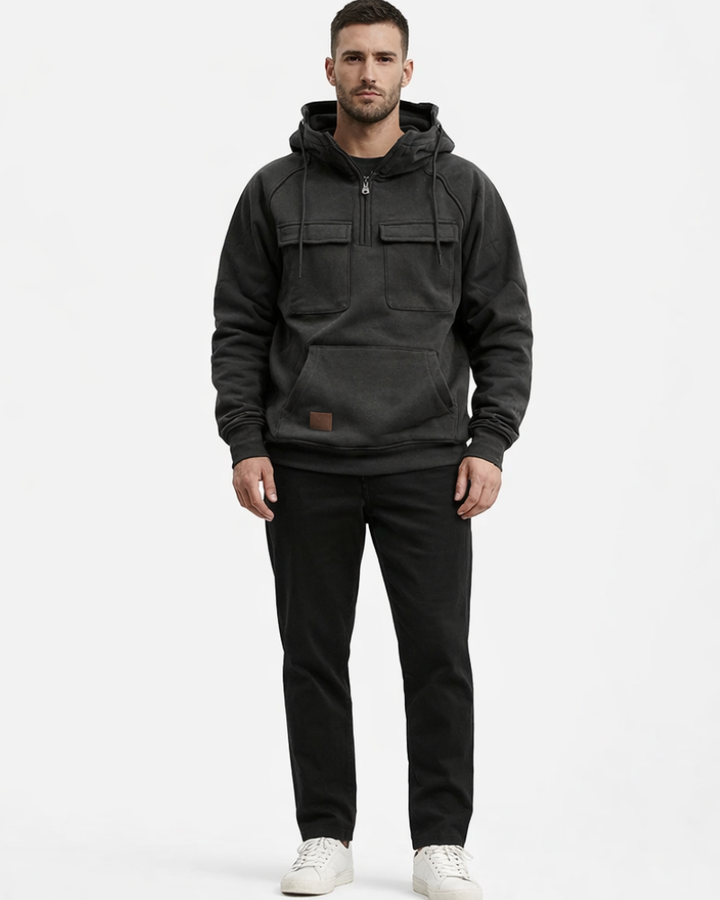 Hermi Hanorac Bărbați cu Glugă – Hanorac Fleece Gros Demi-Zip Buzunare Cargo Stil Urban