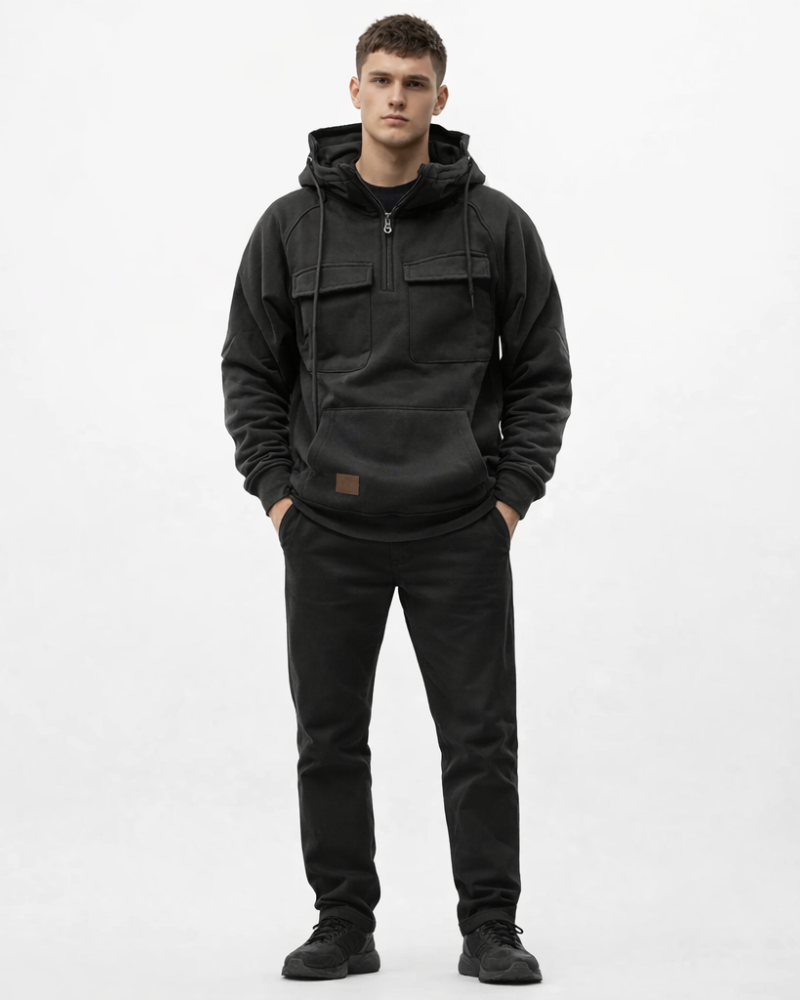 Hermi Hanorac Bărbați cu Glugă – Hanorac Fleece Gros Demi-Zip Buzunare Cargo Stil Urban