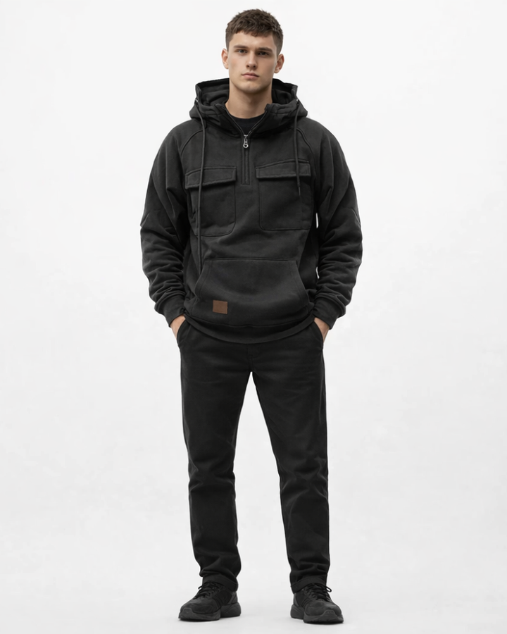 Hermi Hanorac Bărbați cu Glugă – Hanorac Fleece Gros Demi-Zip Buzunare Cargo Stil Urban
