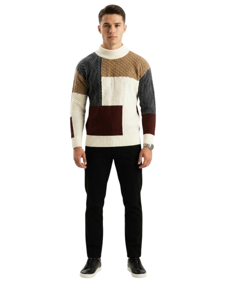 Joshue Pulover Bărbați Patchwork – Pulover Bumbac Guler Rotund Moale Stil Casual