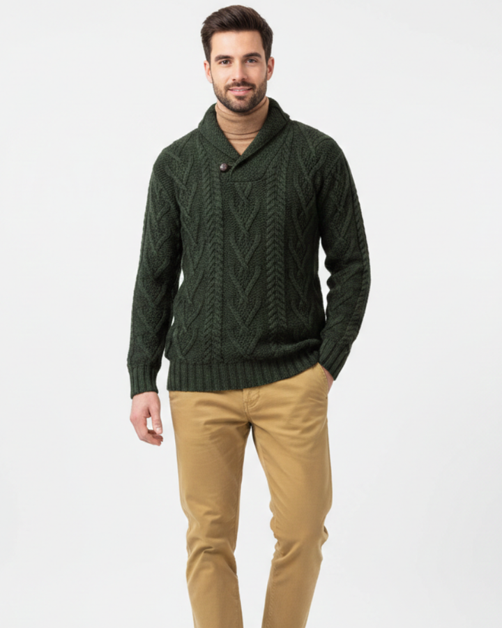 Alan Maglione Herrenpullover mit Zopfmuster und Schalkragen – Warmer Pullover aus Wollmischung