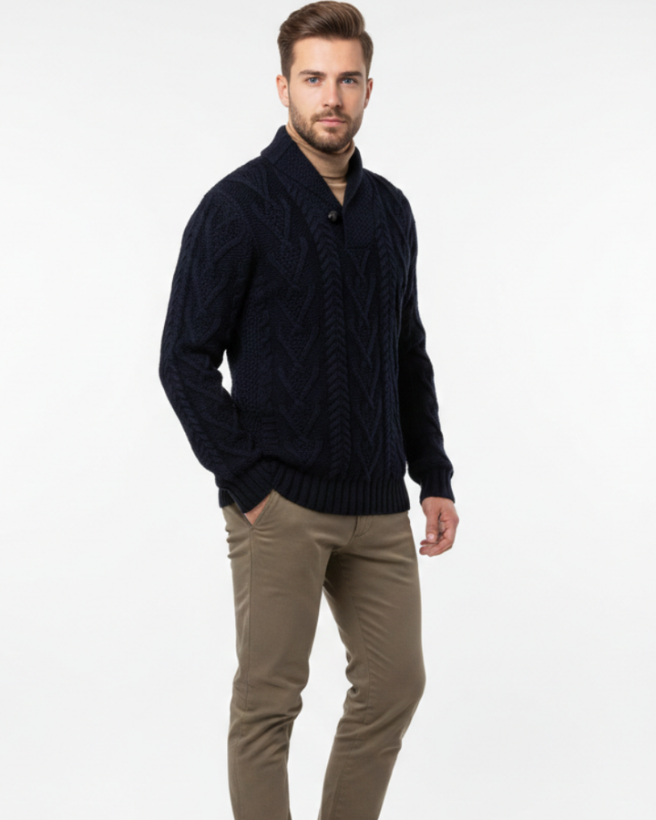 Alan Maglione Herrenpullover mit Zopfmuster und Schalkragen – Warmer Pullover aus Wollmischung