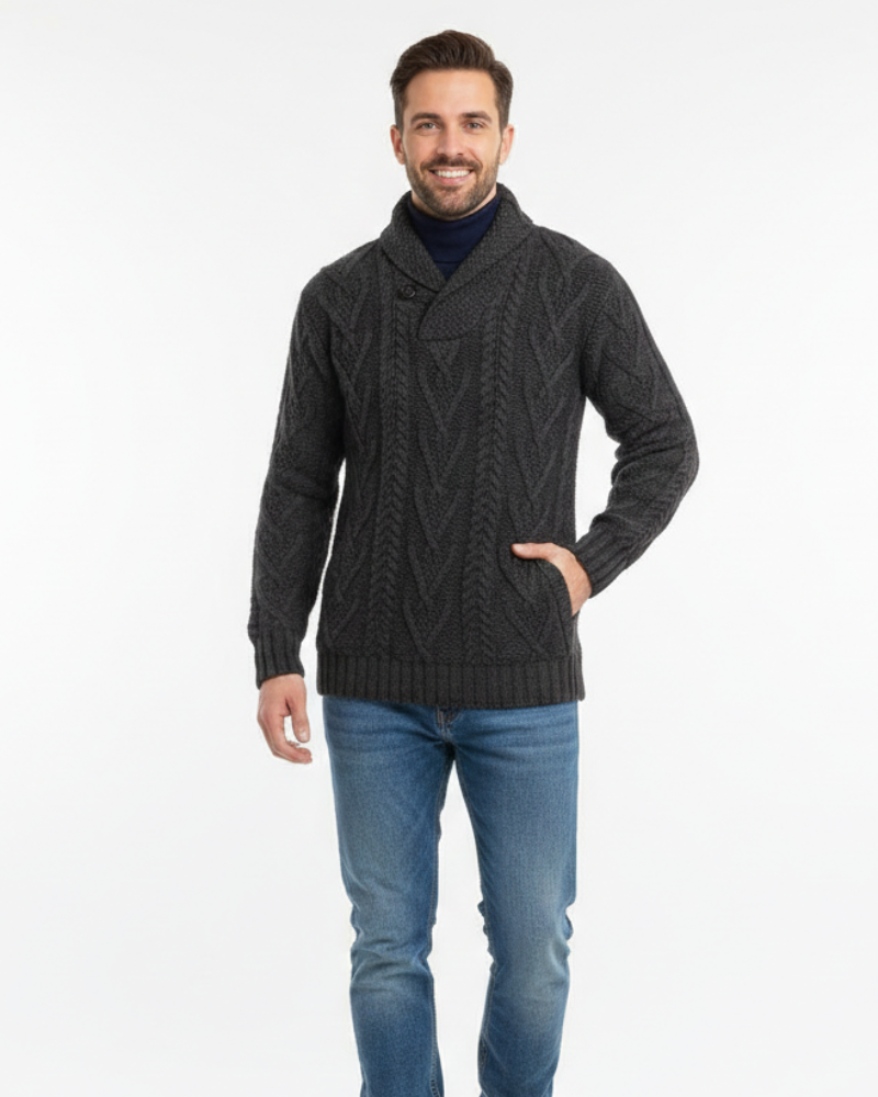 Alan Maglione Herrenpullover mit Zopfmuster und Schalkragen – Warmer Pullover aus Wollmischung