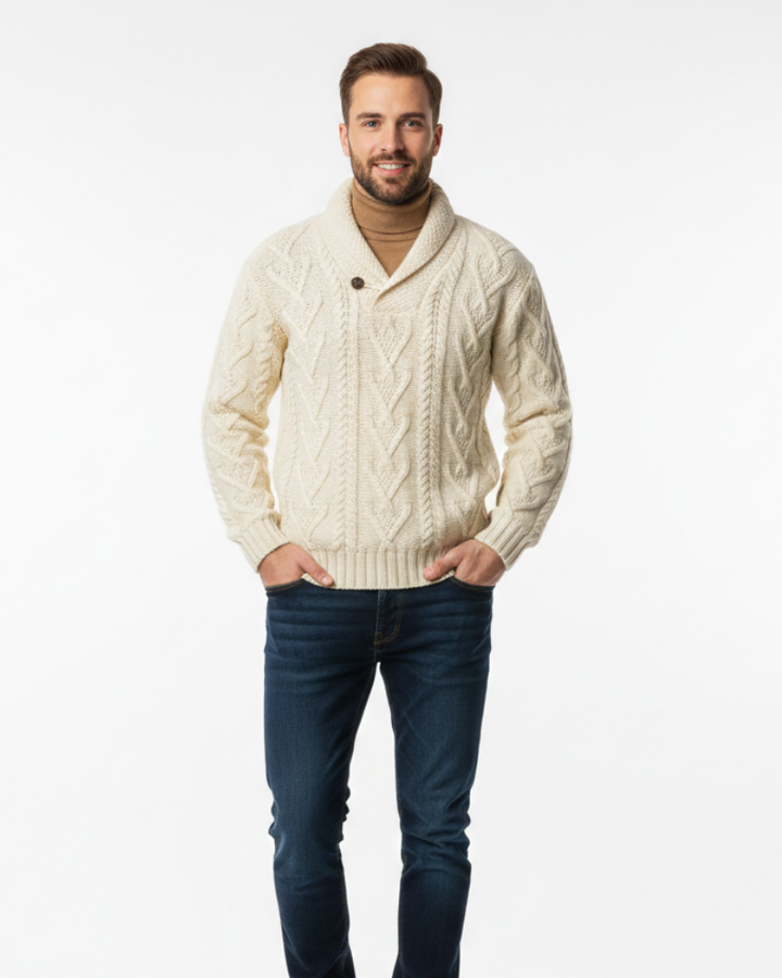 Alan Maglione Herrenpullover mit Zopfmuster und Schalkragen – Warmer Pullover aus Wollmischung