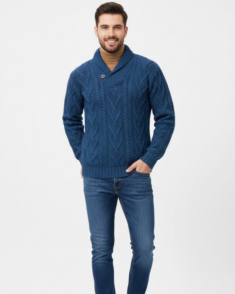 Alan Maglione Herrenpullover mit Zopfmuster und Schalkragen – Warmer Pullover aus Wollmischung