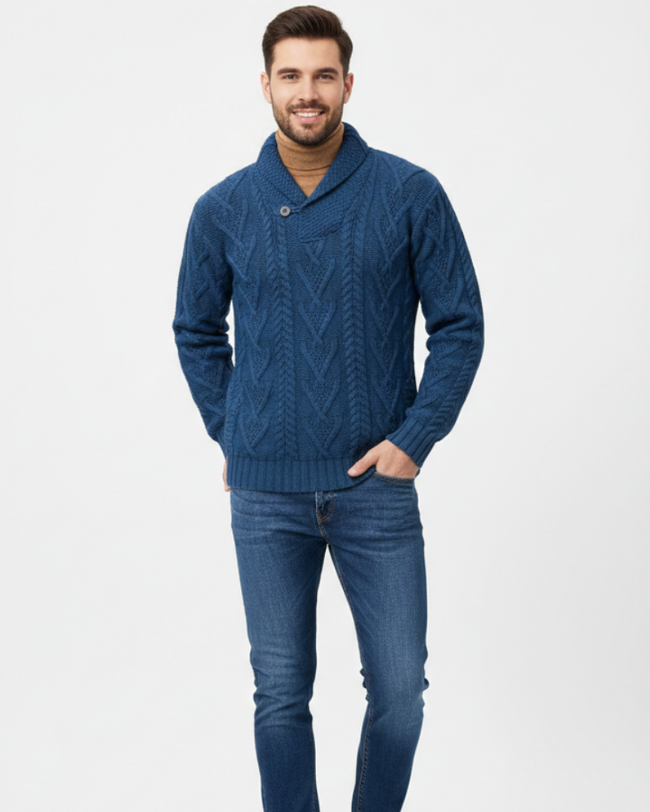 Alan Maglione Herrenpullover mit Zopfmuster und Schalkragen – Warmer Pullover aus Wollmischung
