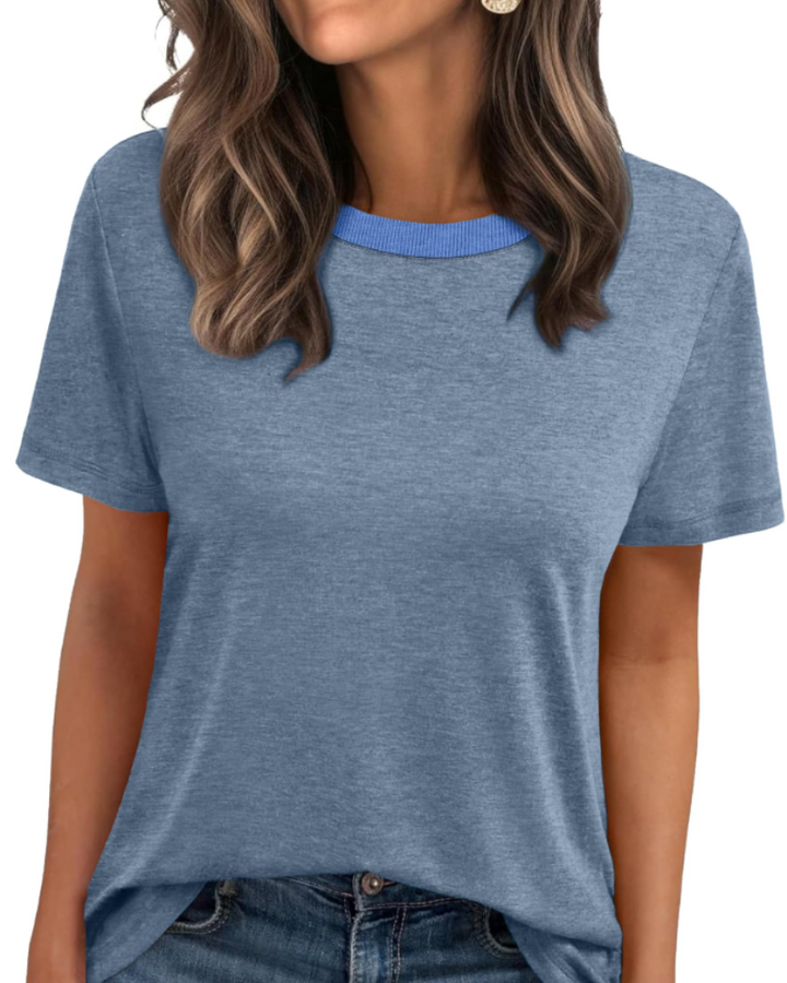 Velora Damen-T-Shirt – Rundhalsausschnitt mit Rippbündchen, kurze Ärmel & Basic Casual Top