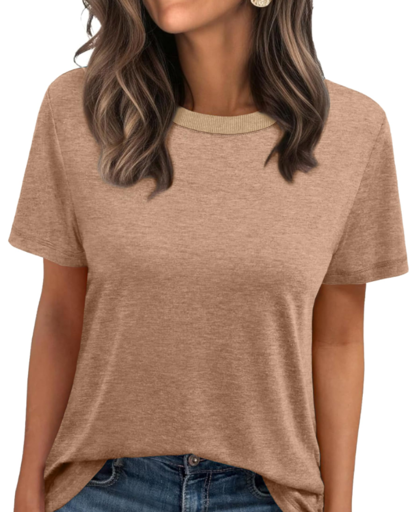 Velora Damen-T-Shirt – Rundhalsausschnitt mit Rippbündchen, kurze Ärmel & Basic Casual Top