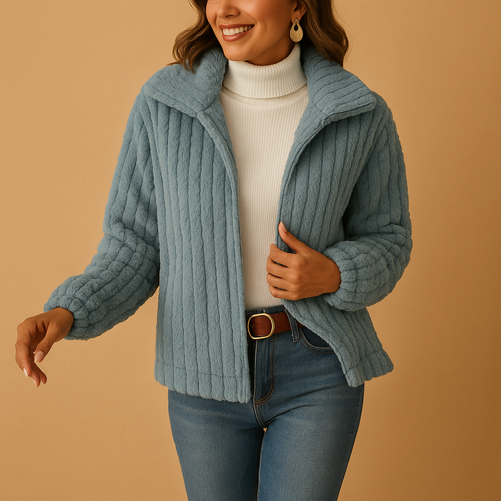 Cardigan fleece Sally Donna lung – Vestă moale cu guler înalt și croială elegantă