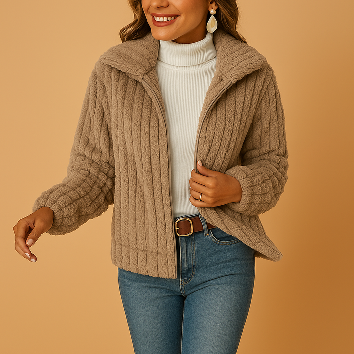 Cardigan fleece Sally Donna lung – Vestă moale cu guler înalt și croială elegantă